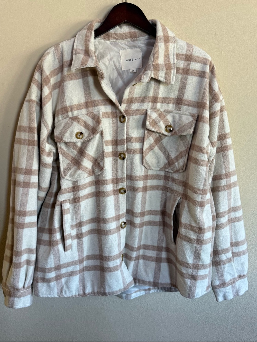 Thread & Supply Cream and Tan Plaid Utility Shacket